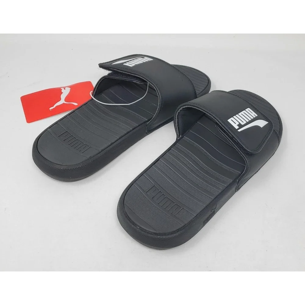 Puma Men's Cool Cat V Slides Black & White Hook/Loop Closure Size 7M Exc Cond